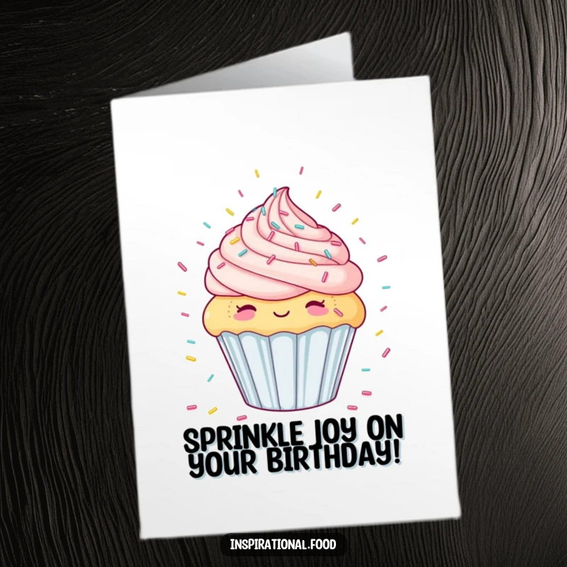 Funny Free Printable birthday card: a delighted cupcake with eyes closed, dreaming of a glorious candy sprinkle shower.