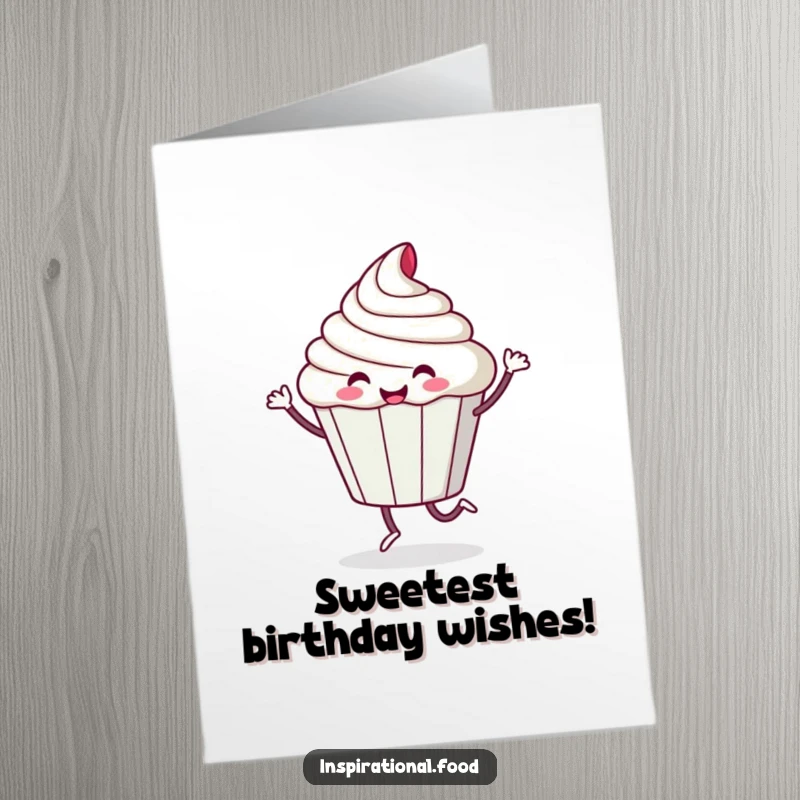 Funny Free Printable Birthday Card: Playful cupcake character doing a happy, sugary dance, a delightful downloadable treat holder.