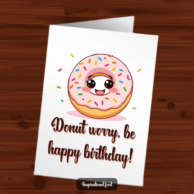 Funny Free Printable Donut Birthday Card: A grinning donut character joyfully scattering colorful sprinkles for a festive celebration.