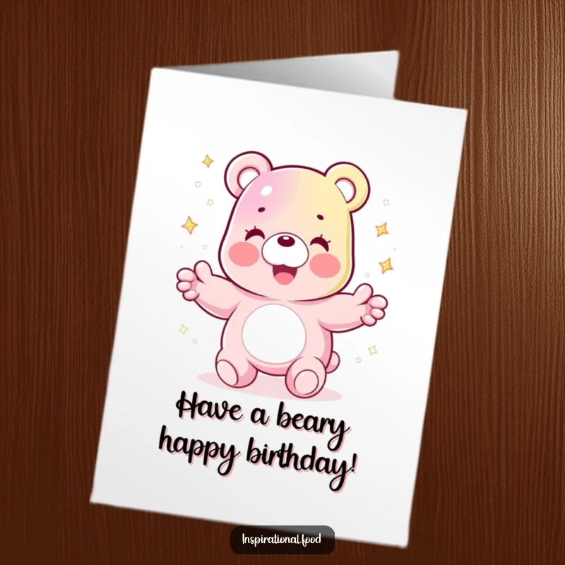 Funny Free Printable Birthday Card: Joyful gummy bear juggling sparkling sugar crystals, a delightful downloadable birthday treat.