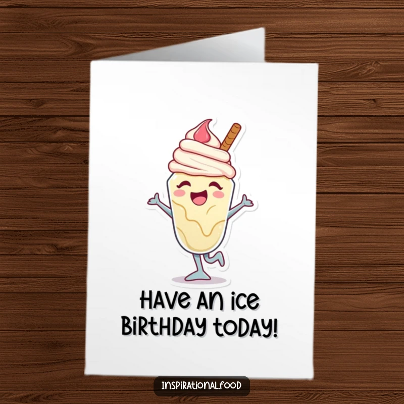 Funny free printable ice cream sundae birthday card with a joyful character caught mid-dance move, melting with excitement.