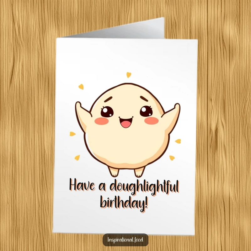 Funny Free Printable Birthday Card: A smiling dumpling character radiating culinary inspiration and artistic food ideas.