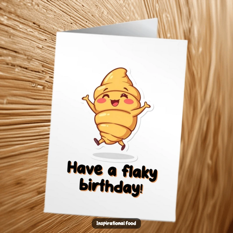 Funny Free Printable Birthday Card: Joyous croissant character performing a happy little jig.