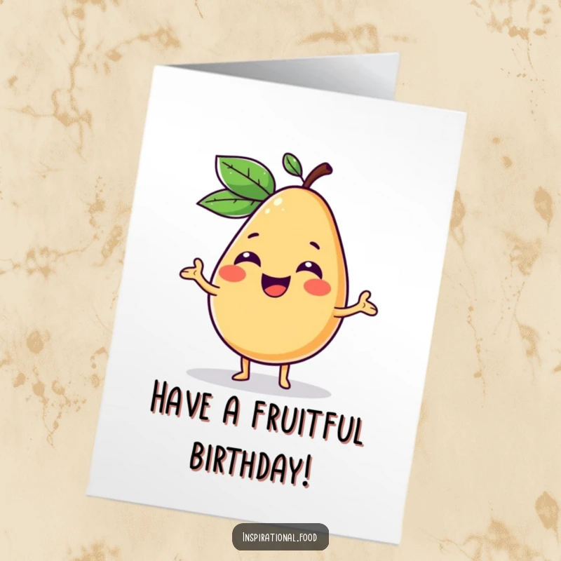 Funny Free Printable Birthday Card: A giggling fruit character enthusiastically presenting a colorful and imaginative food idea.