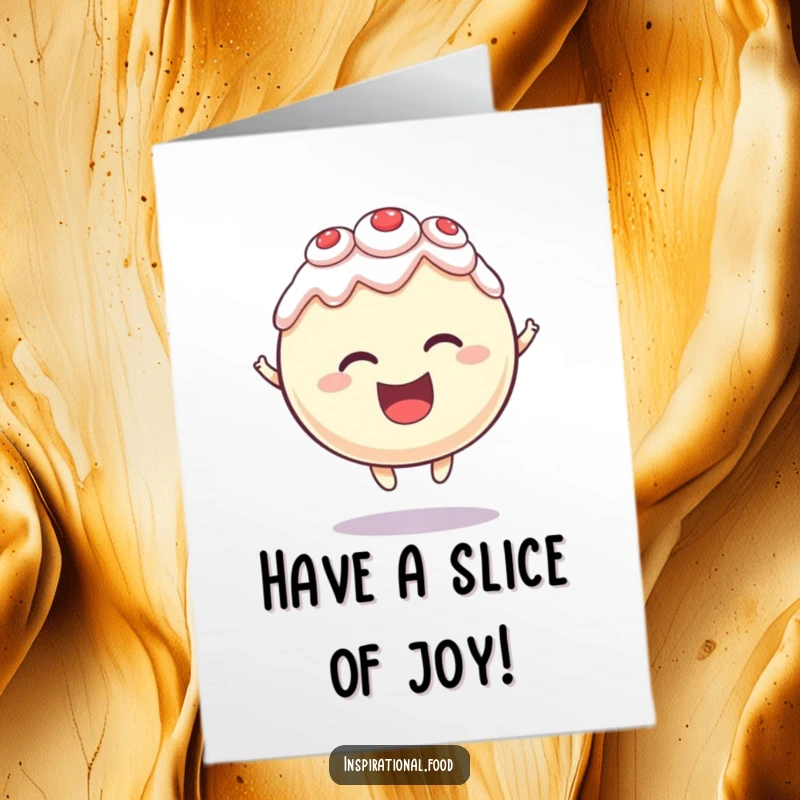 Funny Free Printable Birthday Card featuring a round cake character levitating with a delighted expression, a magical downloadable birthday gift.