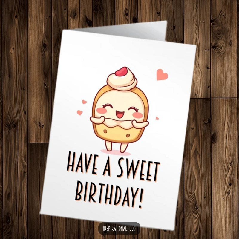 Funny Free Printable Birthday Card: A blushing pastry character joyfully sharing delightful food images, full of cheer.