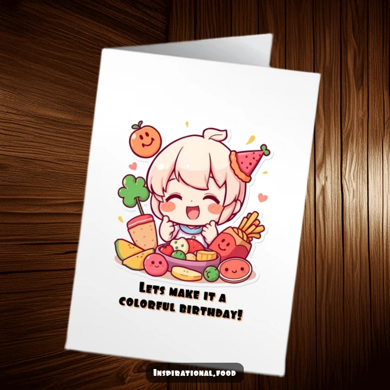 Funny Free Printable Birthday Card: A happy character playfully arranging vibrant and colorful food elements with a smile.