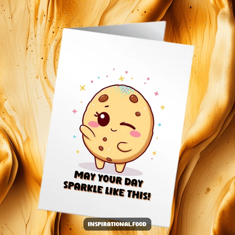 Funny Free Printable Birthday Card featuring a winking cookie character showering a friend with edible glitter for a hilarious celebration.