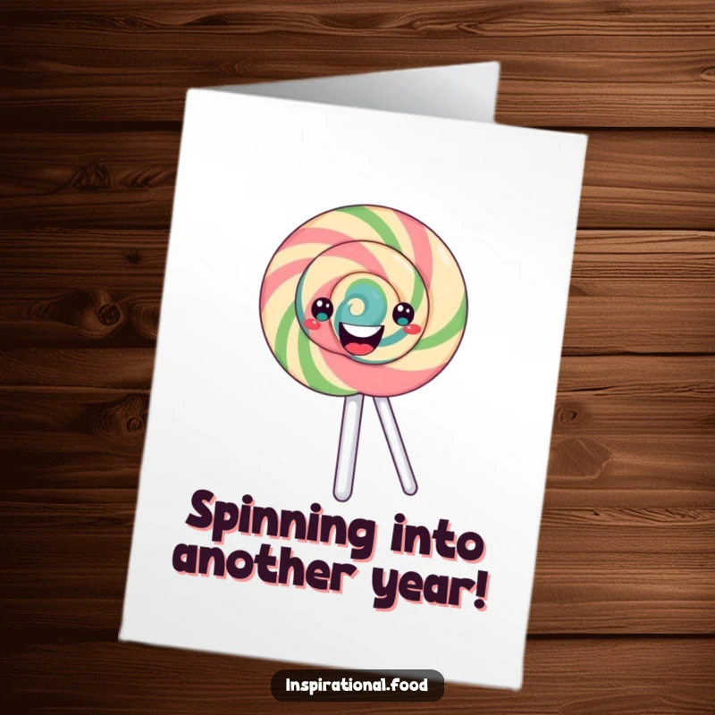 Funny Free Printable Birthday Card: A happy, swirling lollipop character spinning with joy, ready to deliver birthday wishes.