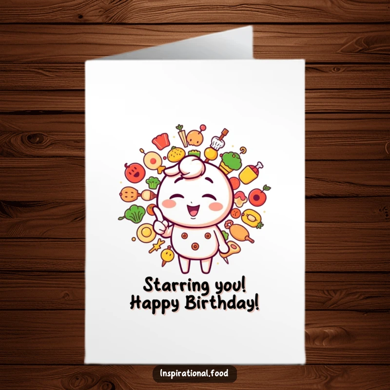 Funny Free Printable Birthday Card: Winking character points to food icons, celebrating your special foodie day.