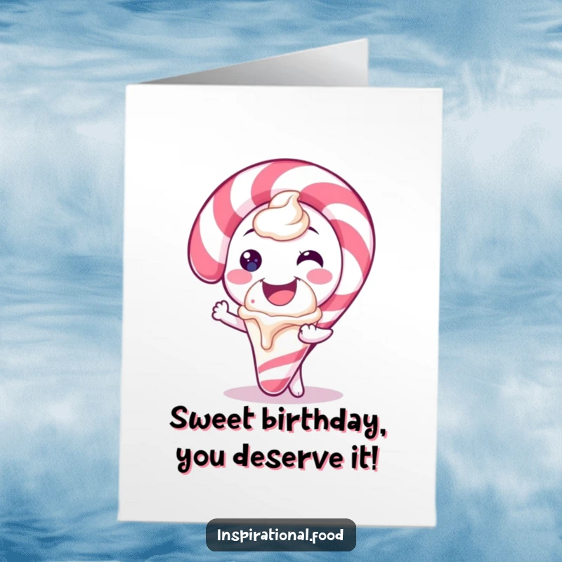 Funny Free Printable Birthday Card: Candy cane character with a big smile offers a scoop of ice cream for a birthday celebration.