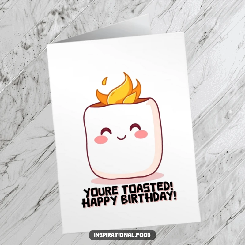 Funny Free Printable Birthday Card: A cheerful marshmallow with a rosy blush is being gently toasted over a flame, looking cozy.