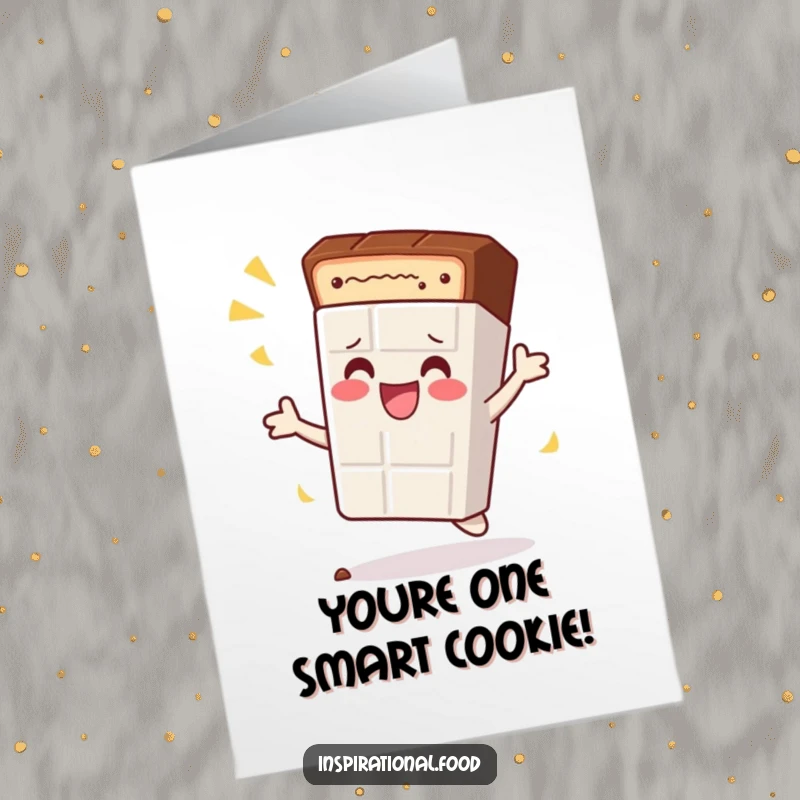 Funny Free Printable Congrats Card: Content chocolate bar character doing a celebratory spin, a decadent downloadable celebration.