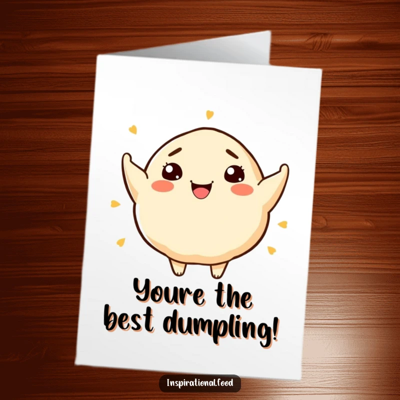 Funny Free Printable Congrats Card: A smiling dumpling character excitedly sharing artistic and inventive food concepts.