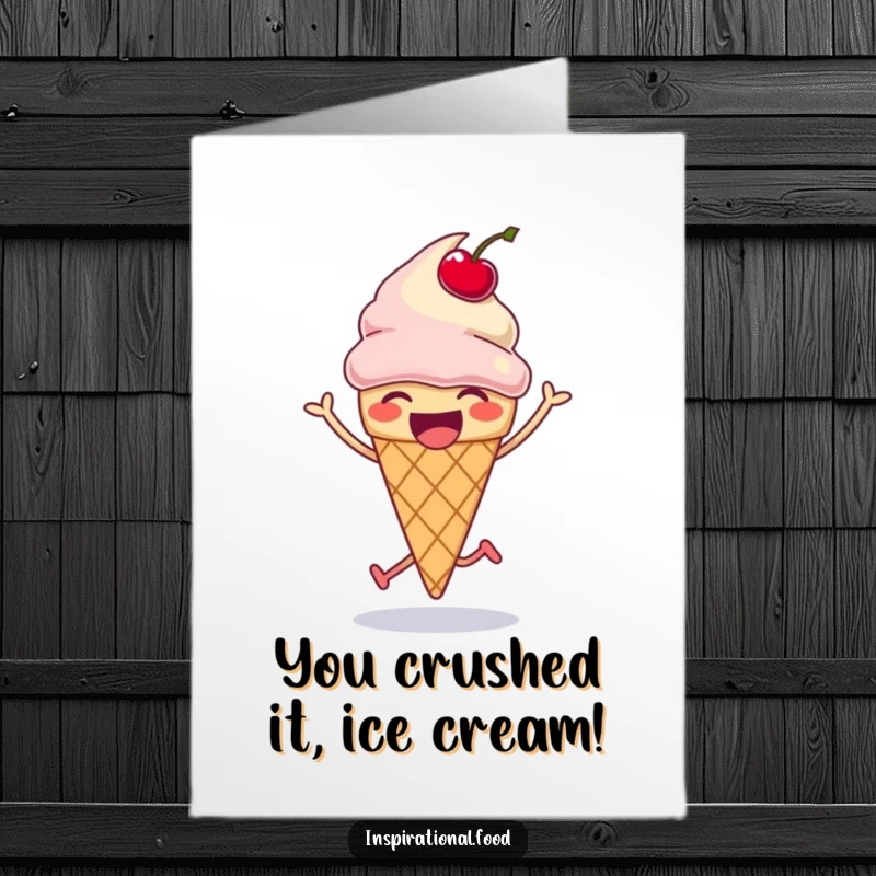 Funny Free Printable Congratulations Card: A laughing ice cream cone celebrates with a bouncy cherry.