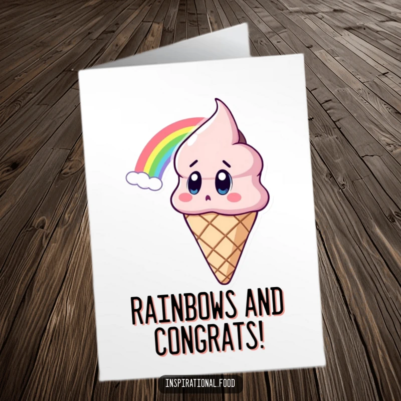 Funny Free Printable Congratulations Card: An ice cream cone character looks surprised and amazed by a colorful rainbow.