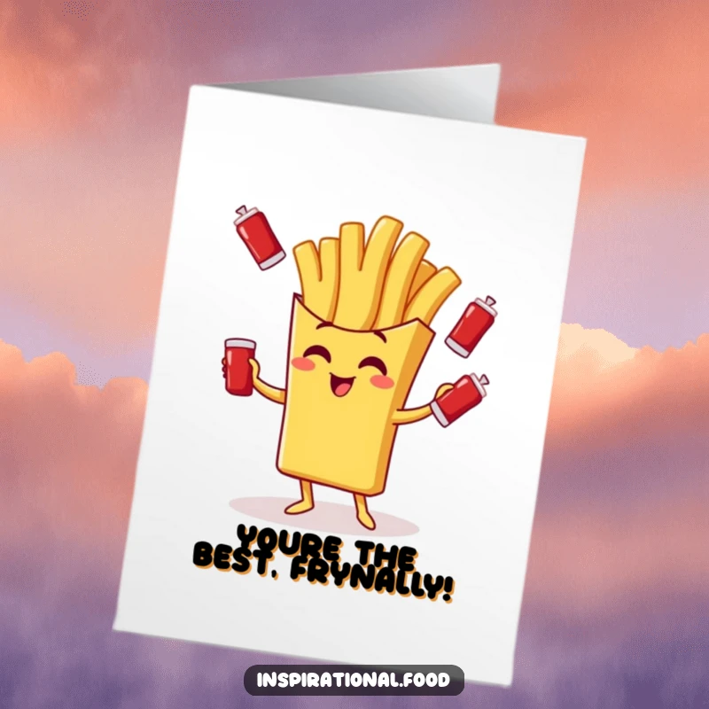 Funny Free Printable Congratulations Card: Giggling fry character skillfully juggling tiny ketchup packets.