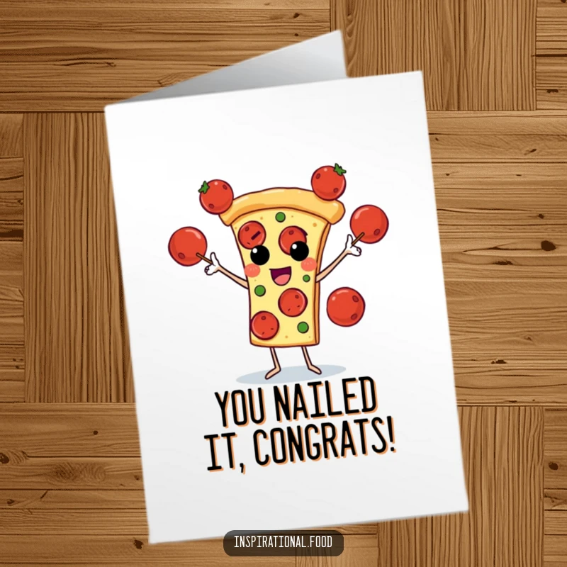 Funny Free Printable Congratulations Card: A pizza slice character juggling pepperoni, celebrating your amazing win.