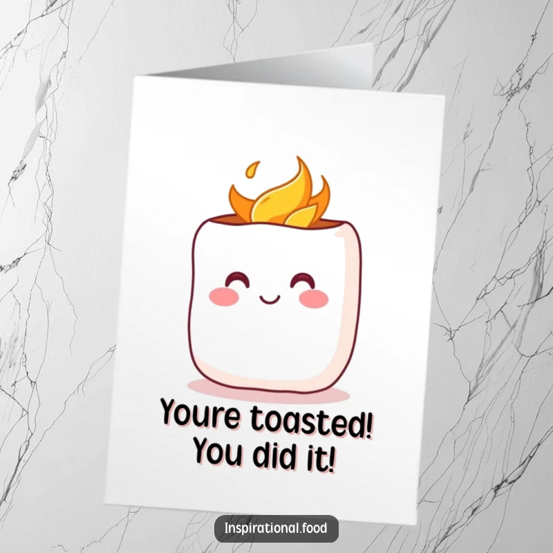 Funny Free Printable Congrats Card: A blushing marshmallow being toasted, exuding warmth and cheerful congratulations.