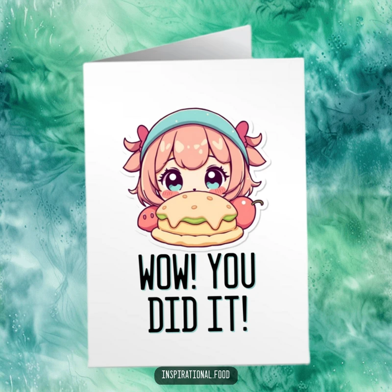 Funny Free Printable Congratulations Card: A character with wide eyes looking amazed at an extraordinary, fantastical food creation.