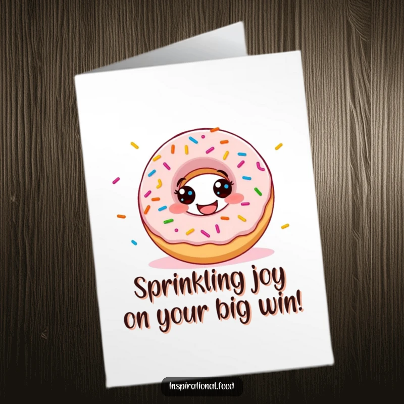 Funny Free Printable Donut Congratulations Card: A grinning donut character scattering colorful sprinkles to celebrate a fantastic achievement.