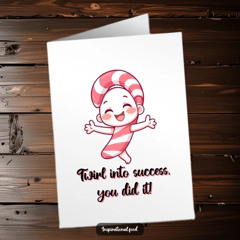 Funny Free Printable Candy Cane Congratulations Card: A smiling candy cane character joyfully twirling to celebrate a fantastic accomplishment.