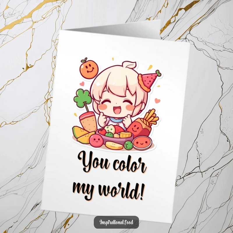 Funny Free Printable Congratulations Card: A happy character meticulously arranging colorful food elements with playful energy.