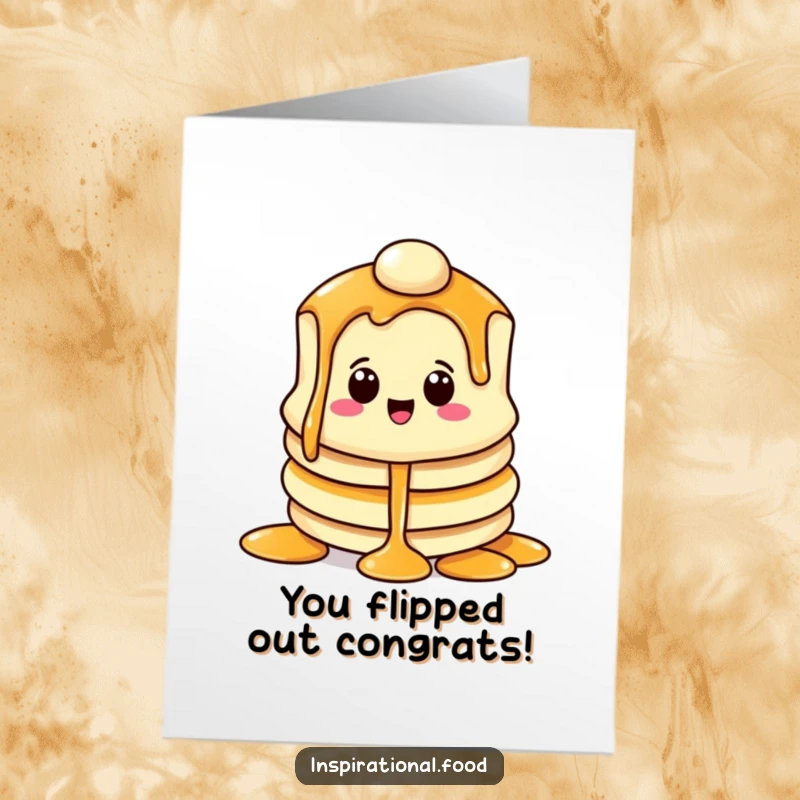 Funny Free Printable Congratulations Card: A beaming pancake character with a generous syrup cascade.