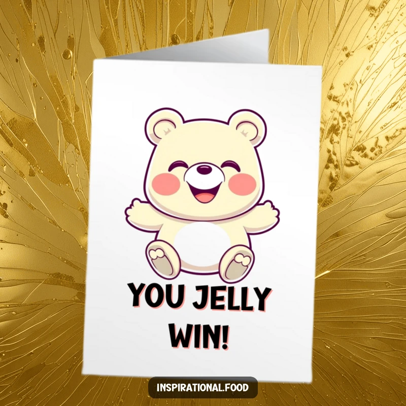 Funny Free Printable Congrats Card: A grinning gummy bear caught mid-bounce, expressing energetic and enthusiastic congratulations.