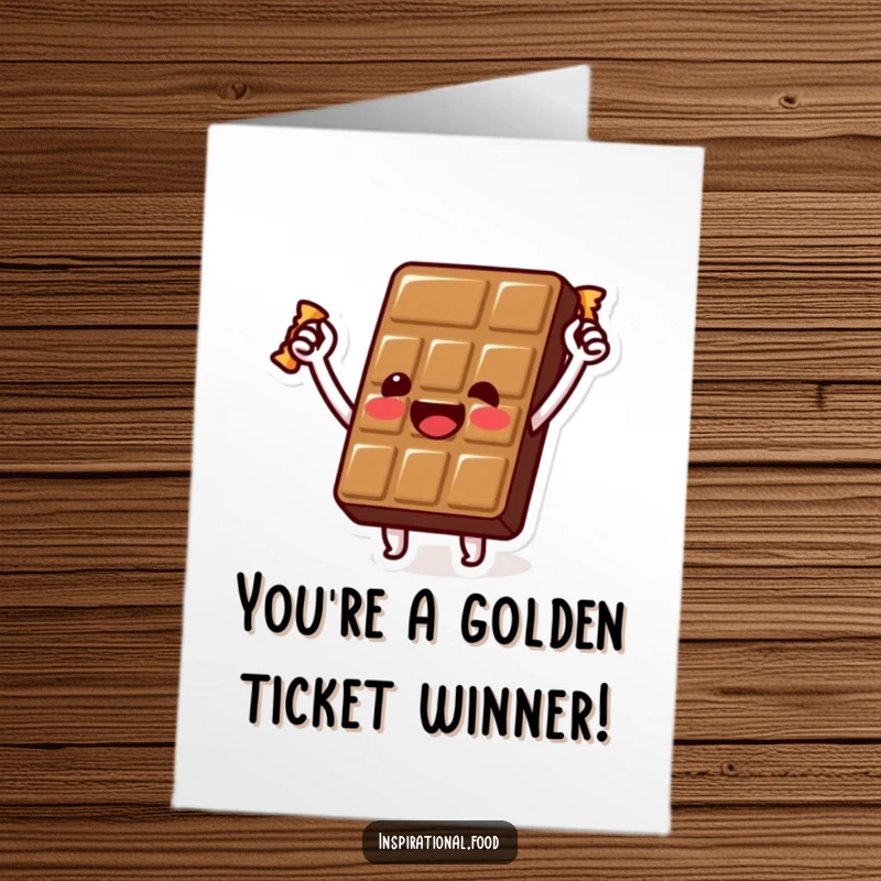 Funny free printable chocolate bar congratulations card with a beaming character holding a golden wrapper aloft, celebrating a major win.