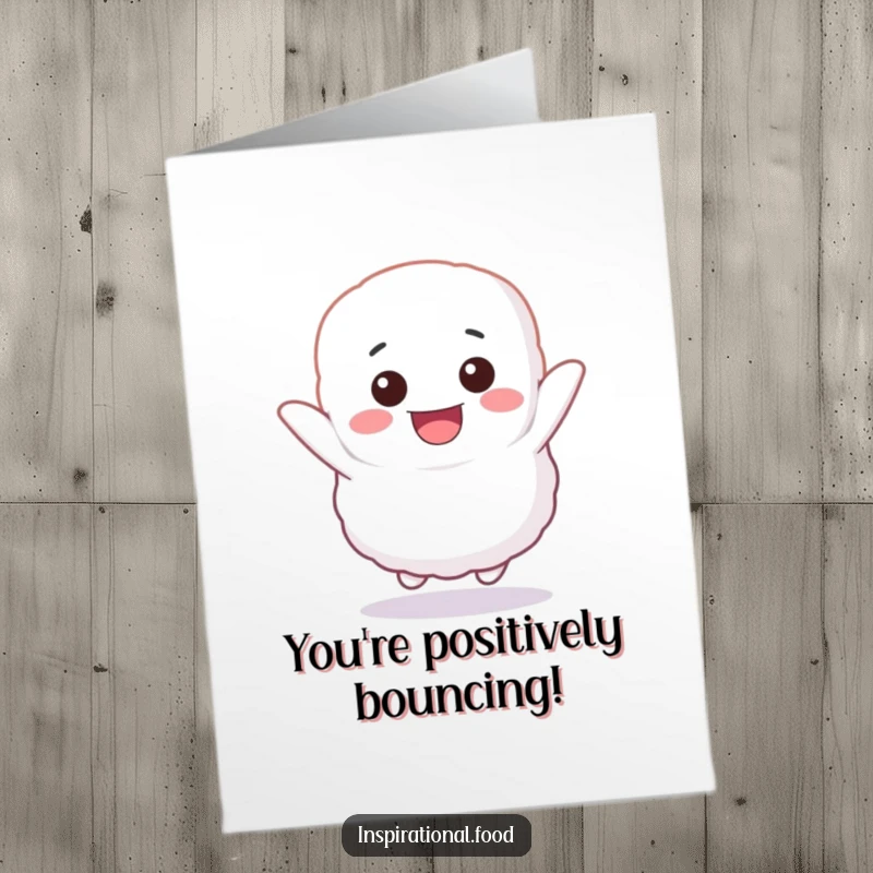 Funny Free Printable Congratulations Card with a fluffy marshmallow character enthusiastically bouncing with glee, a cheerful downloadable note.