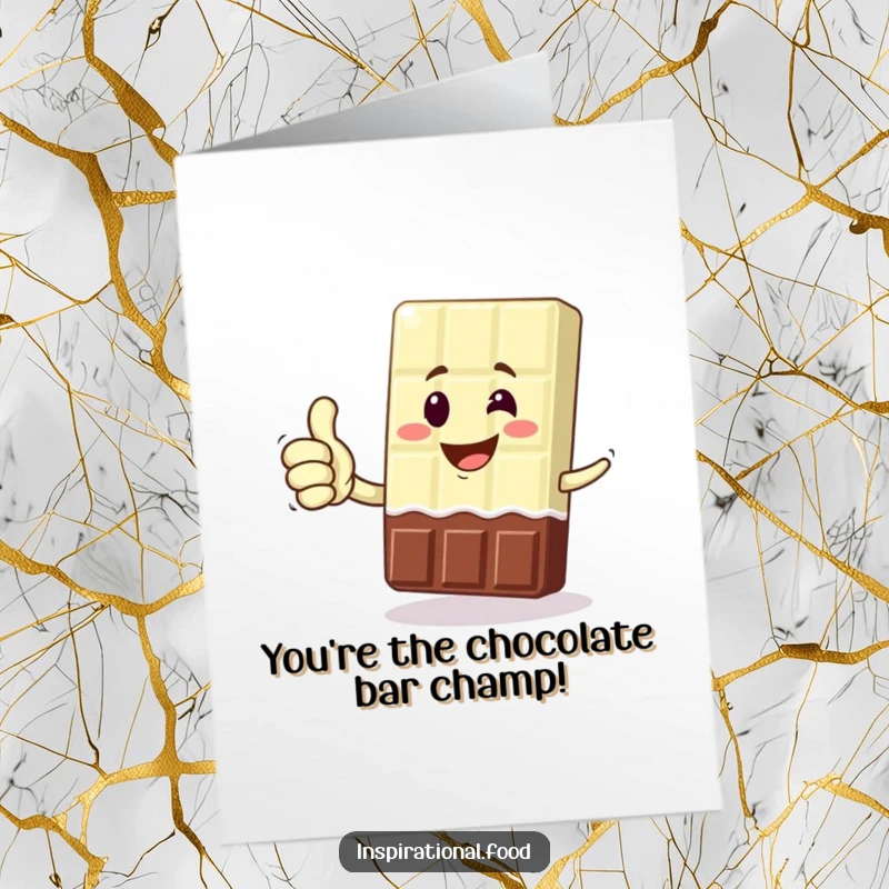 Funny Free Printable Congratulations Card featuring a grinning chocolate bar character giving a winning thumbs up, a sweet downloadable surprise.