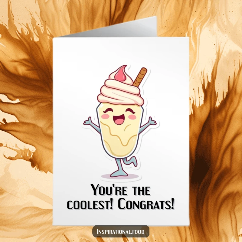 Funny free printable ice cream sundae congratulations card with a joyful character caught mid-dance move, celebrating a major achievement.