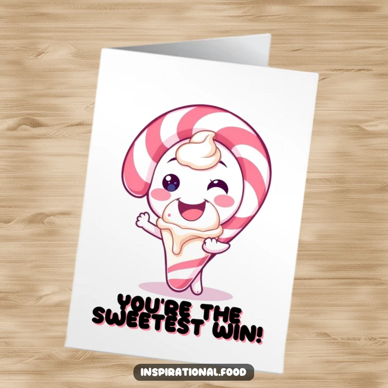 Funny Free Printable Congratulations Card: A smiling candy cane character offers a delicious scoop of ice cream, celebrating success.