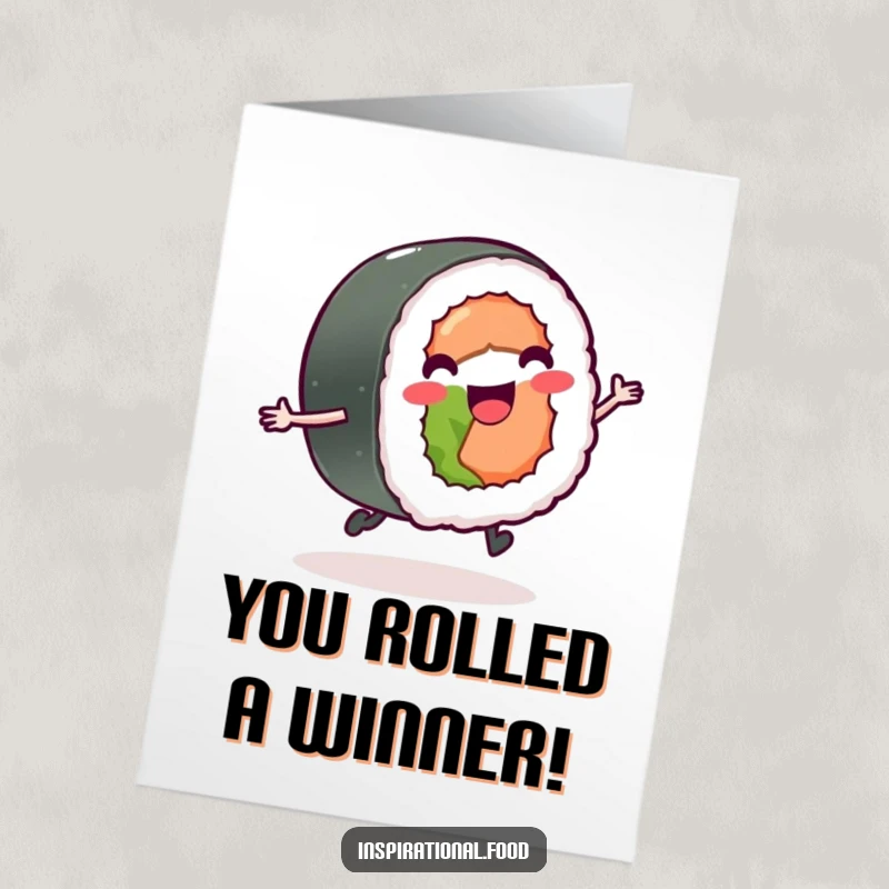 Funny Free Printable Congratulations Card: A delighted sushi roll skipping happily, celebrating achievements with culinary charm.