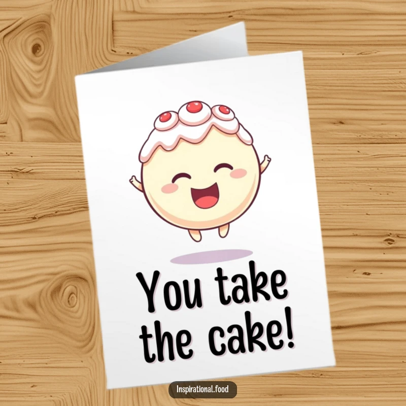 Funny Free Printable Congratulations Card with a round cake character levitating happily, a delightful downloadable message of success.