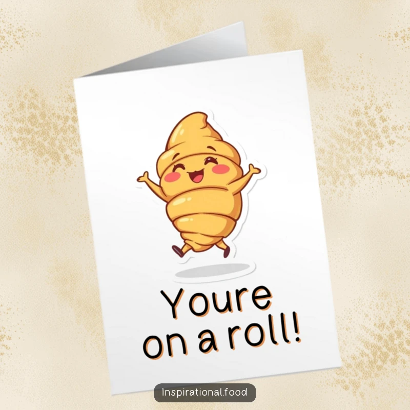 Funny Free Printable Congratulations Card: Croissant character joyfully doing a celebratory little jig.