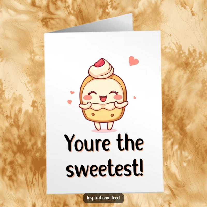 Funny Free Printable Congratulations Card: A blushing pastry character sharing vibrant food imagery with pure joy.