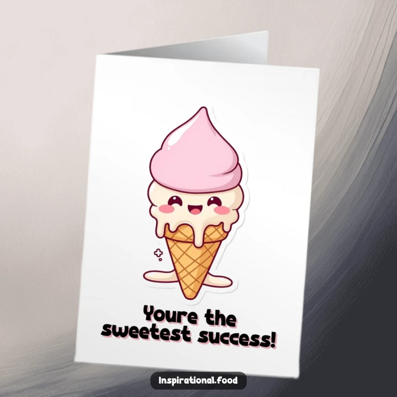 Funny Free Printable Congratulations Card: A happy ice cream cone character melting delightedly, celebrating a sweet success.