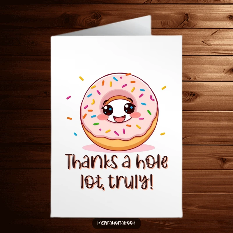 Funny Free Printable Donut Thank You Card: A grinning donut character scattering colorful sprinkles to express sincere appreciation.