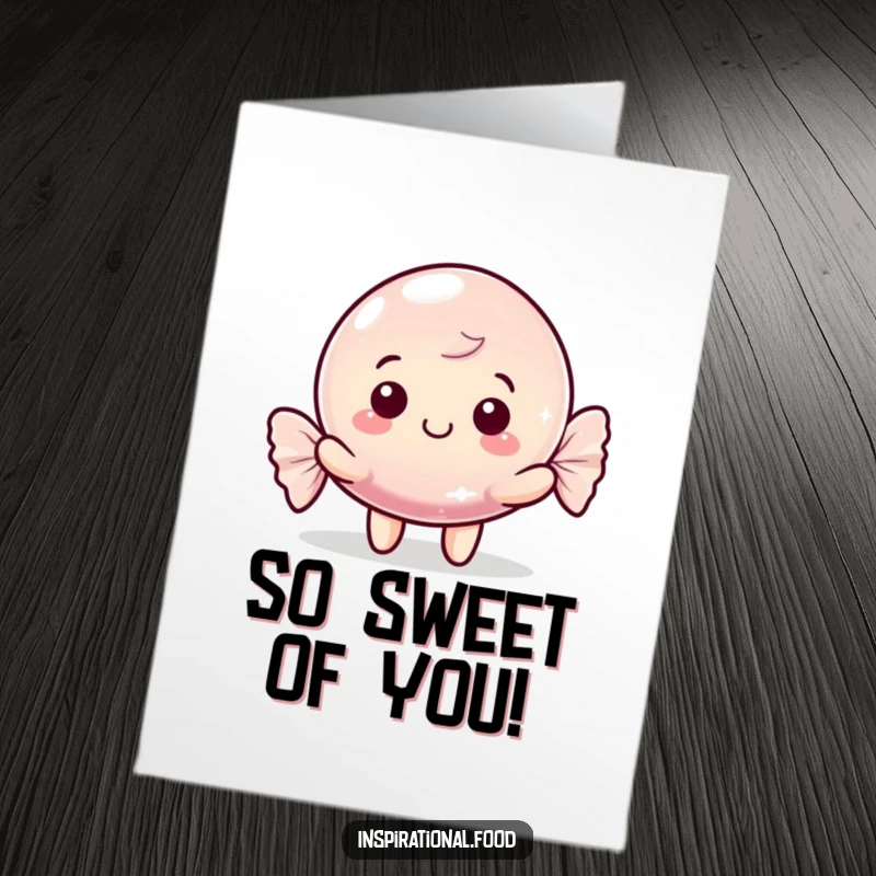 Funny Free Printable Thank You Card: Happy candy character with a shimmering wrapper, offering sweet gratitude.