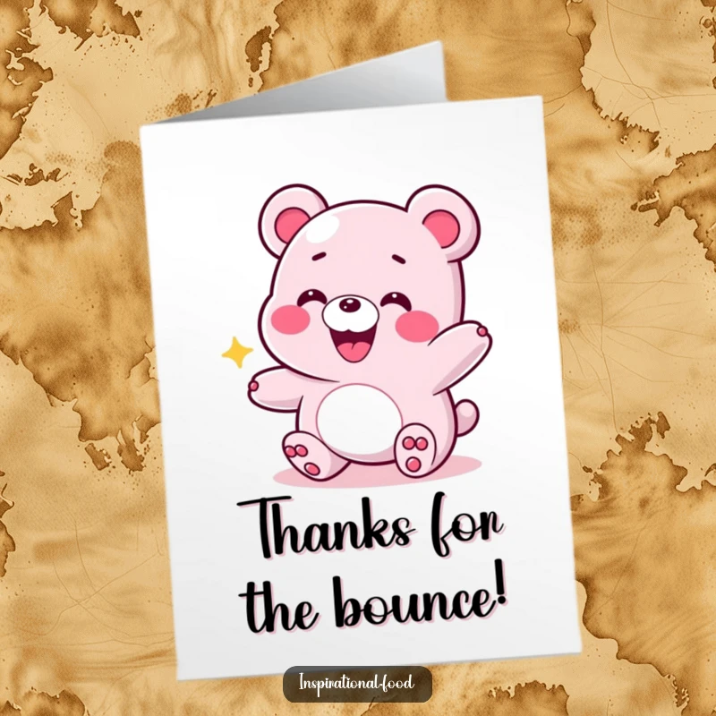 Funny free printable thank you card featuring a grinning gummy bear with an energetic bounce, a playful appreciation gift.