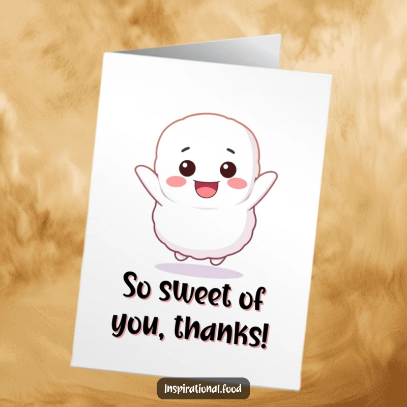 Funny Free Printable Thank You Card featuring a fluffy marshmallow character bouncing happily, a sweet downloadable expression of thanks.