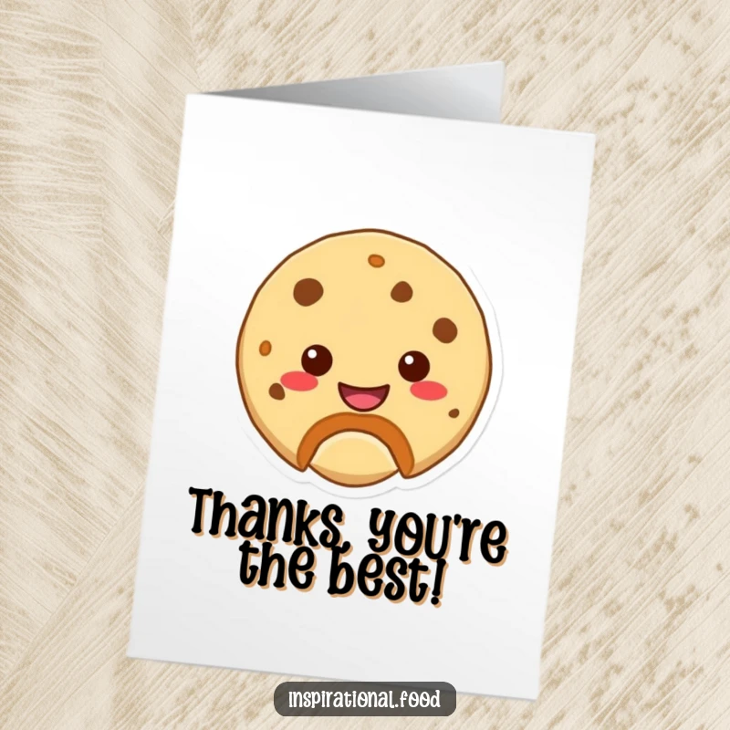 Funny Free Printable Thank You Card: A smiling cookie character with a bite out is ready to express gratitude in a humorous way.