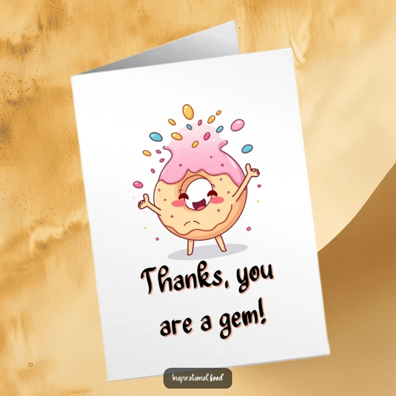 Funny Free Printable Thank You Card: Cheerful donut joyfully tossing a sugary cascade, expressing thanks.