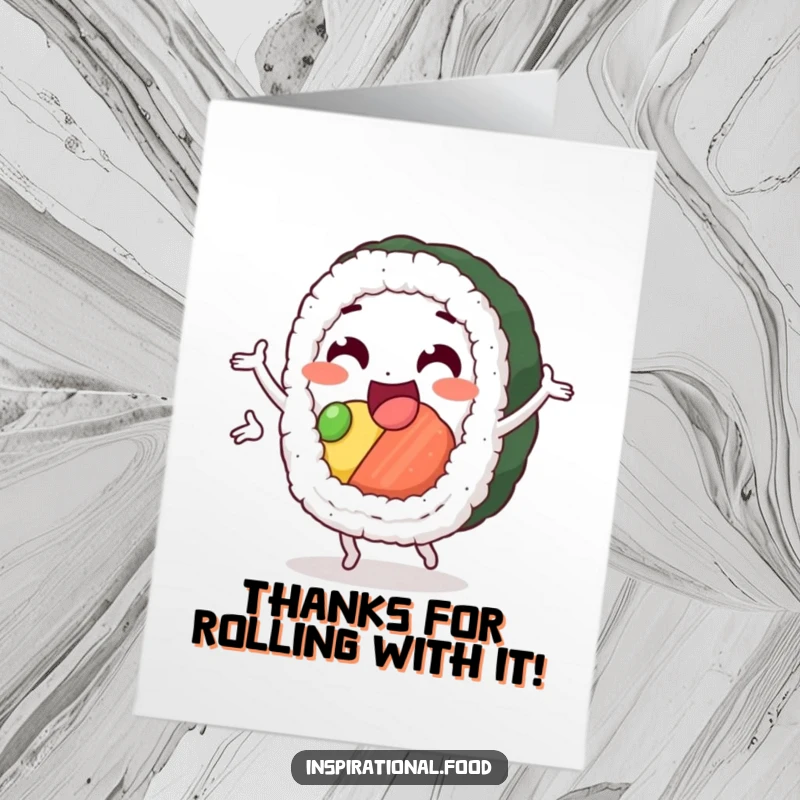 Funny Free Printable Thank You Card: Delighted sushi roll character performing a cheerful loop, expressing gratitude.