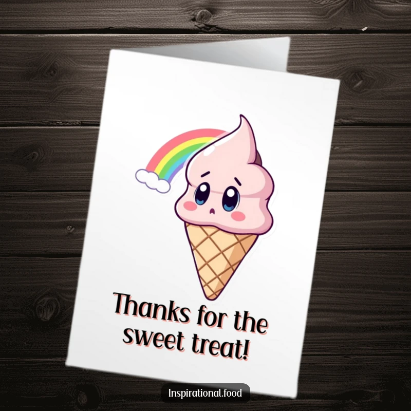 Funny Free Printable Thank You Card: A wide-eyed, surprised ice cream cone character marvels at a vibrant rainbow.