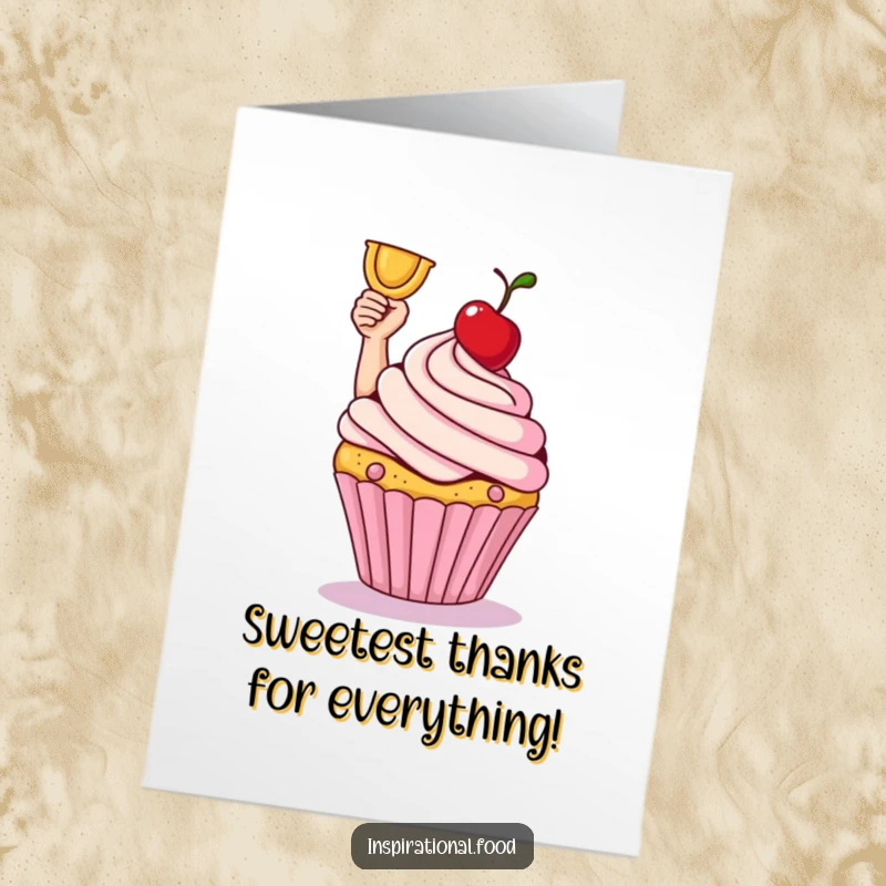 Free Printable Thank You Card: A smiling cupcake raises its cherry trophy, offering sweet gratitude.