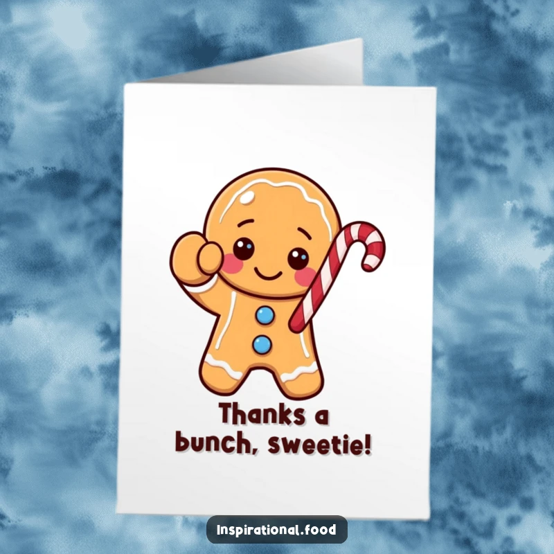 Funny free printable thank you card: A cheerful gingerbread cookie character enthusiastically waves a candy cane, saying thanks.