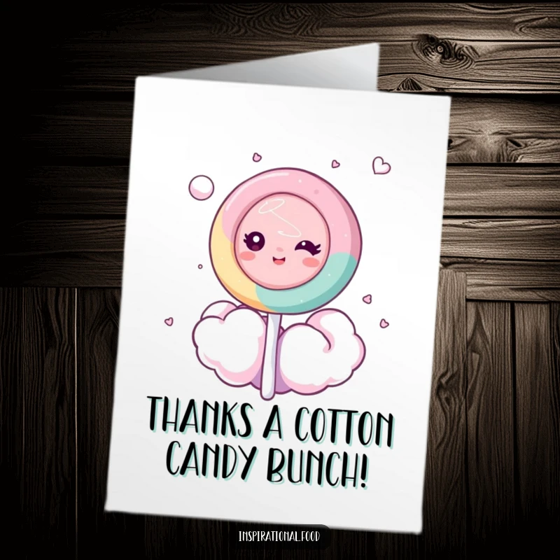 Funny Free Printable Thank You Card: Dreamy lollipop character floating on clouds, expressing sweet gratitude.